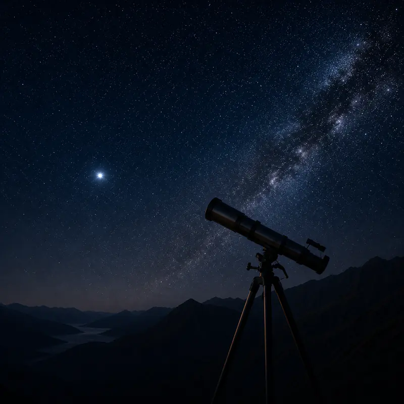 Astrónomo aficionado con telescopio profesional bajo cielo estrellado